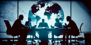 a-group-of-people-sitting-around-a-table-with-a-globe-in-the-background